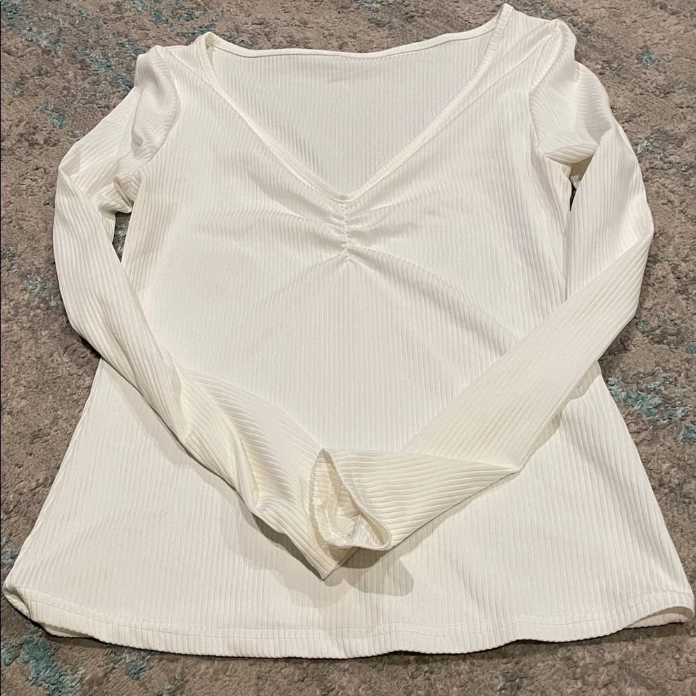 SHEIN Cream V-Neck Long Sleeve Blouse